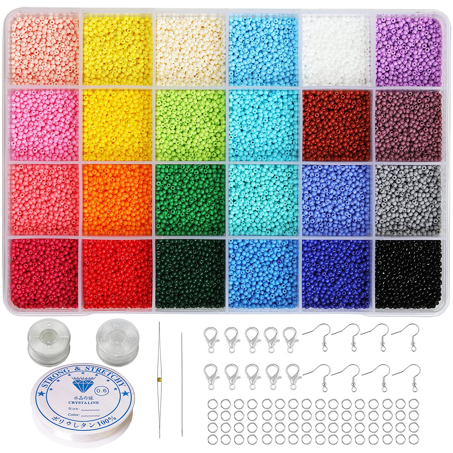 BALABEAD Size Almost Uniform 2mm Seed Beads about 19200pcs in Box, Opaque Color Seed Beads 24 Colors 12/0 Glass Craft Beads for Making Earring (800pcs/Color, 24Colors)