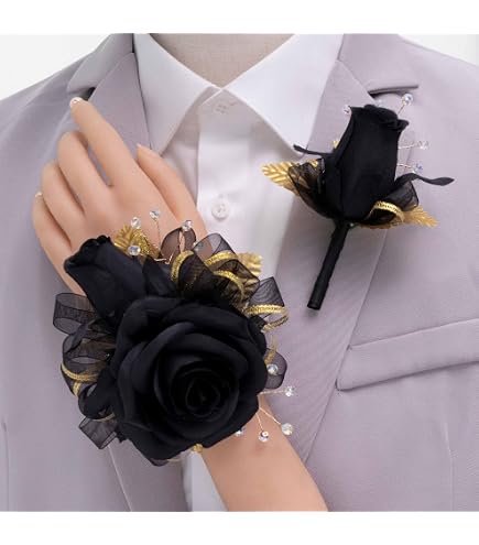 YOKOKE Corsage and Boutonniere Set, Handmade Artificial Peony Rose Wrist Corsage Wristlet and Groom Boutonniere for Men Wedding Prom Suit Decorations (Black and Yellow) : Home & Kitchen