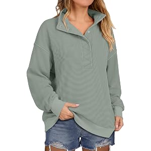 ANRABESS Waffle Knit Sweatshirt for Women Henley Pullover | Lightweight Comfy Soft, Long Sleeve Loose Fit, Stand Collar Half