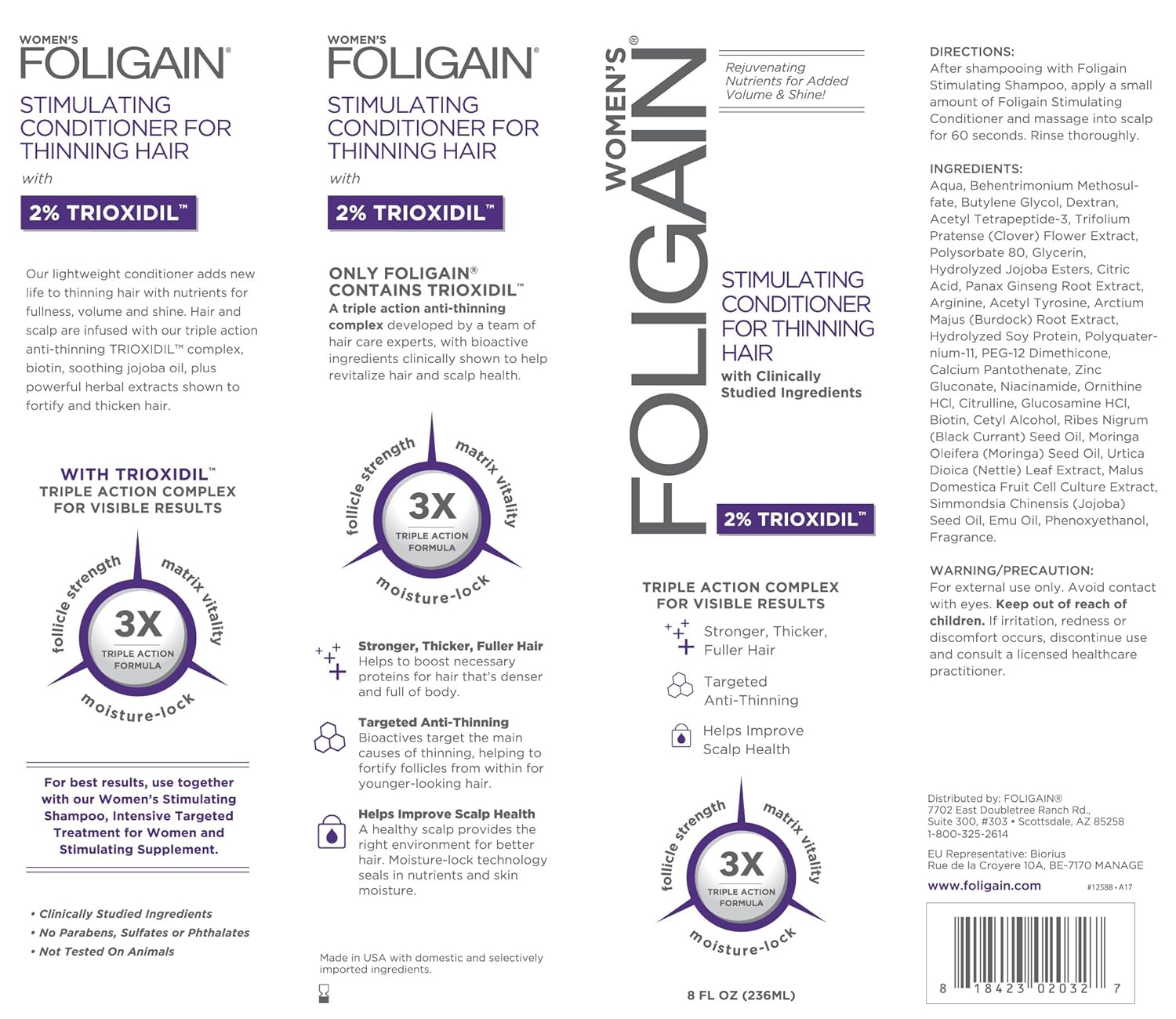Foligain Triple Action Conditioner For Thinning Hair For Women with 2% Trioxidil | Hair Stimulating Conditioner | Women's Volumizing Conditioner (8oz): Beauty