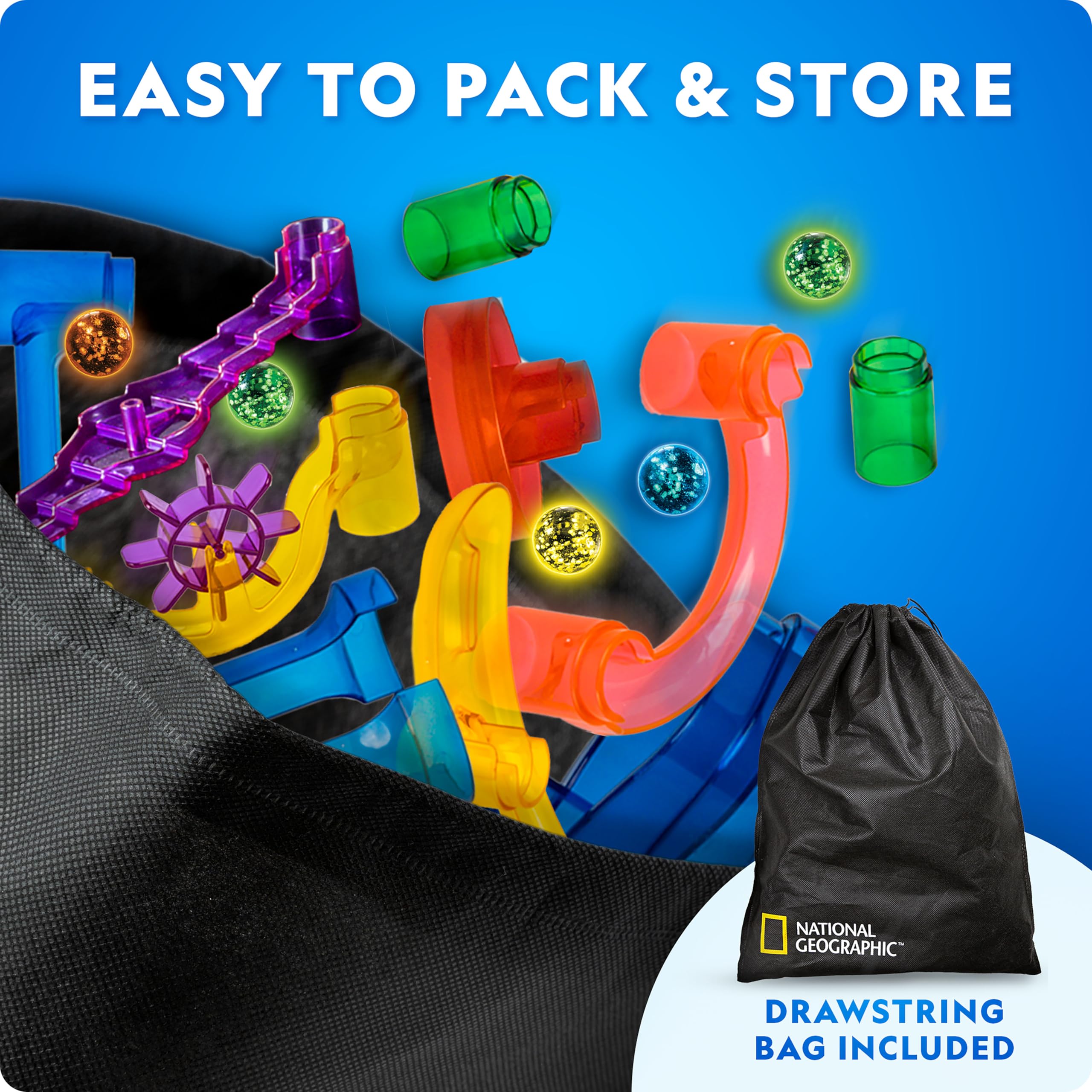 NATIONAL GEOGRAPHIC Glowing Marble Run – Construction Set with 15 Glow in The Dark Glass Marbles & Storage Bag, STEM Gifts for Boys and Girls, Building Project Toy (Amazon Exclusive)