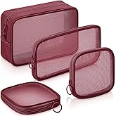 Weewooday 4 Pcs Mesh Makeup Bag Mesh Cosmetic Bag Travel Toiletry Pouch with Zipper Mini Makeup Cosmetic Purse for Daily Accessory(Small, Large, Medium,Wine Red)