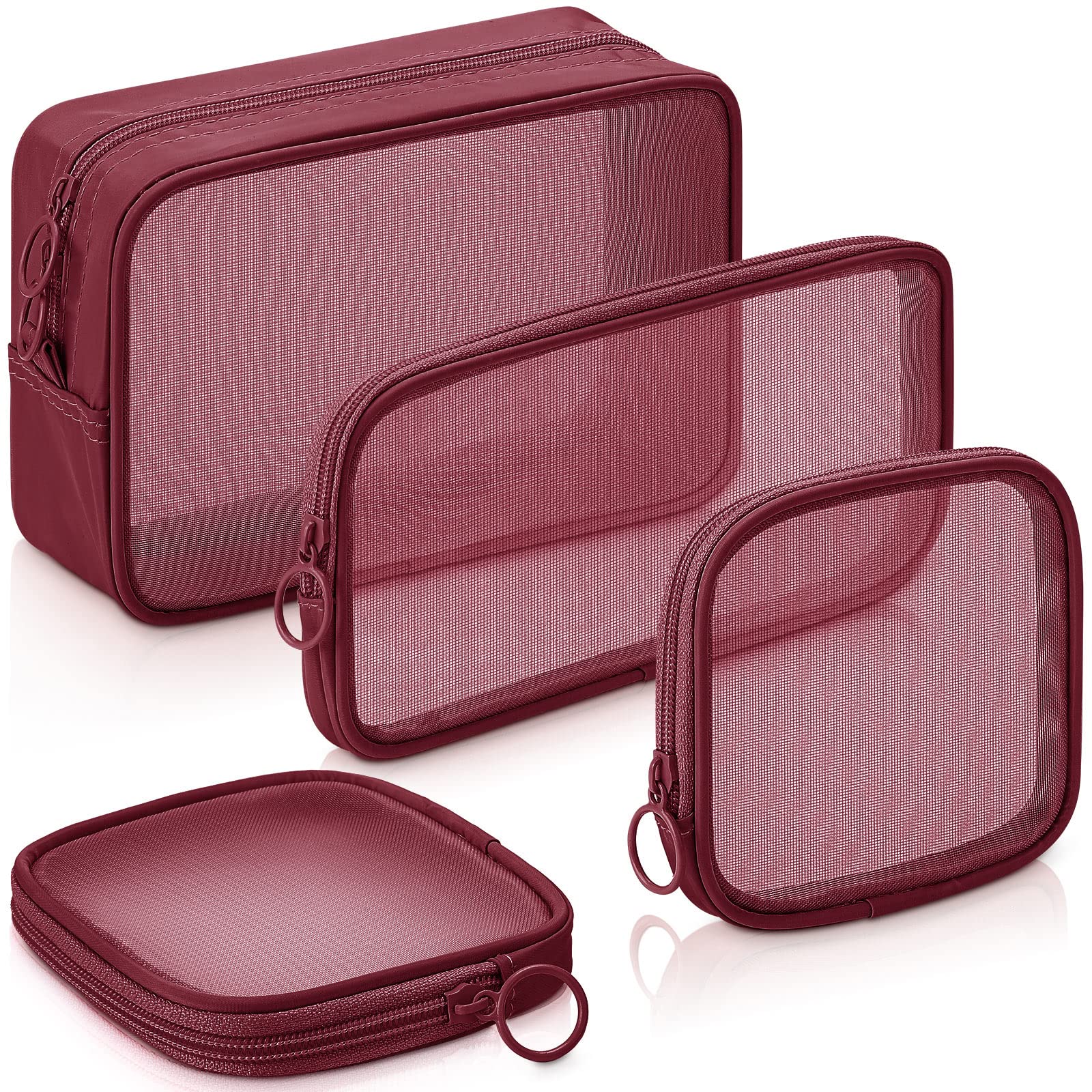 Photo 1 of Weewooday 4 Pcs Mesh Makeup Bag Mesh Cosmetic Bag Travel Toiletry Pouch with Zipper Mini Makeup Cosmetic Purse for Daily Accessory(Small, Large, Medium,Wine Red)