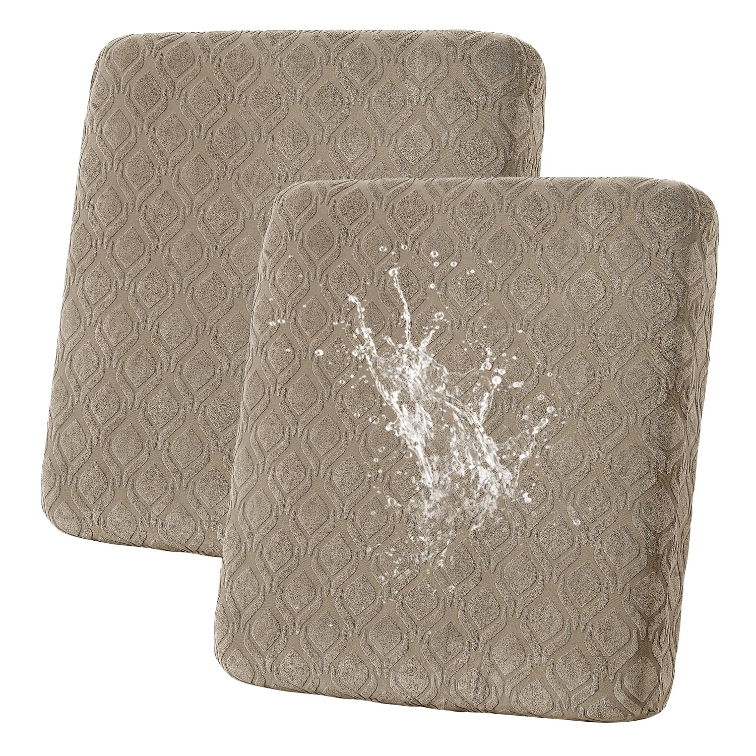 Photo 1 of KELUINA Waterproof Loveseat Couch Cushion Covers, Jacquard Magic Sofa Cushion Covers Washable, Stretch Couch Seat Covers Furniture Protector for Pets with Elastic Bottom (2PC, Taupe)