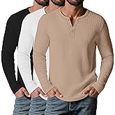 Velvelhall 3 Pack Men’s Waffle Henley Shirts, Long Sleeve Button Tops Casual Basic T-Shirts Lightweight Knit Pullover