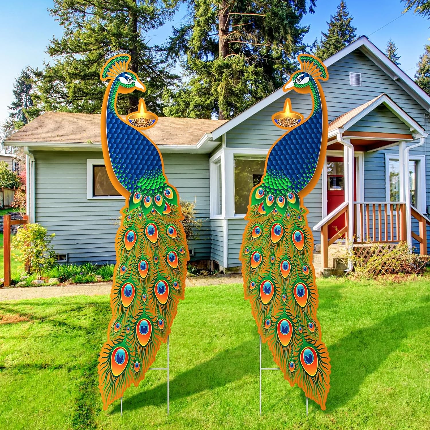Yard Signs - Barydat 2 Pieces Happy Diwali Sign Peacock Yard Sign Lawn Yard Signs with Stakes Festival Lights Yard Signs Waterproof for Outdoor Indian Diwali Lights Party Lawn Ornaments Decor