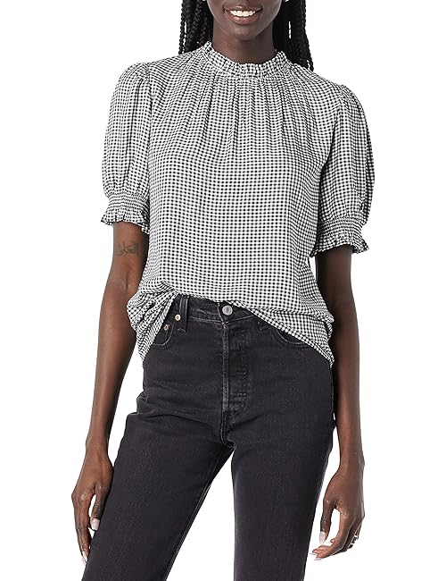 Amazon Essentials Women's Fluid Twill Short Puff Sleeve Smock Detail Shirt, Black White Mini Gingham, Medium