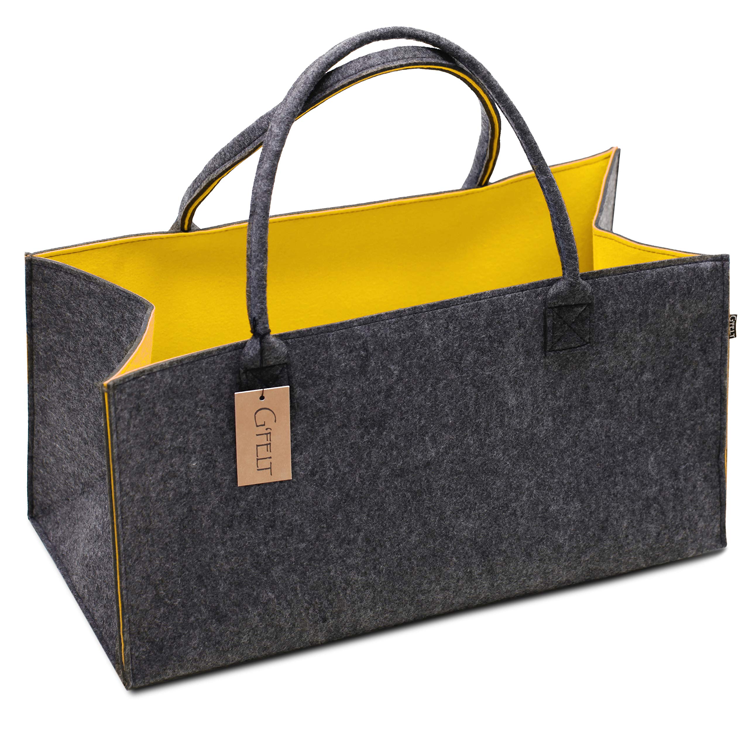 G'FELT Premium Felt Bag, High-Quality Shopping Bag, Stylish Leisure Bag or Bath Bag, Newspaper Basket, Felt Basket, Shopping Basket, Sturdy Firewood Bag, Two-Tone Grey and Yellow