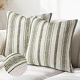 AELS 20x20 Decorative Farmhouse Linen Throw Pillow Covers, Beige with Olive Green Chenille Striped Pillow Case, Set of 2, Boho Textured Cushion Cover for Sofa Couch Living Room (Cover ONLY)