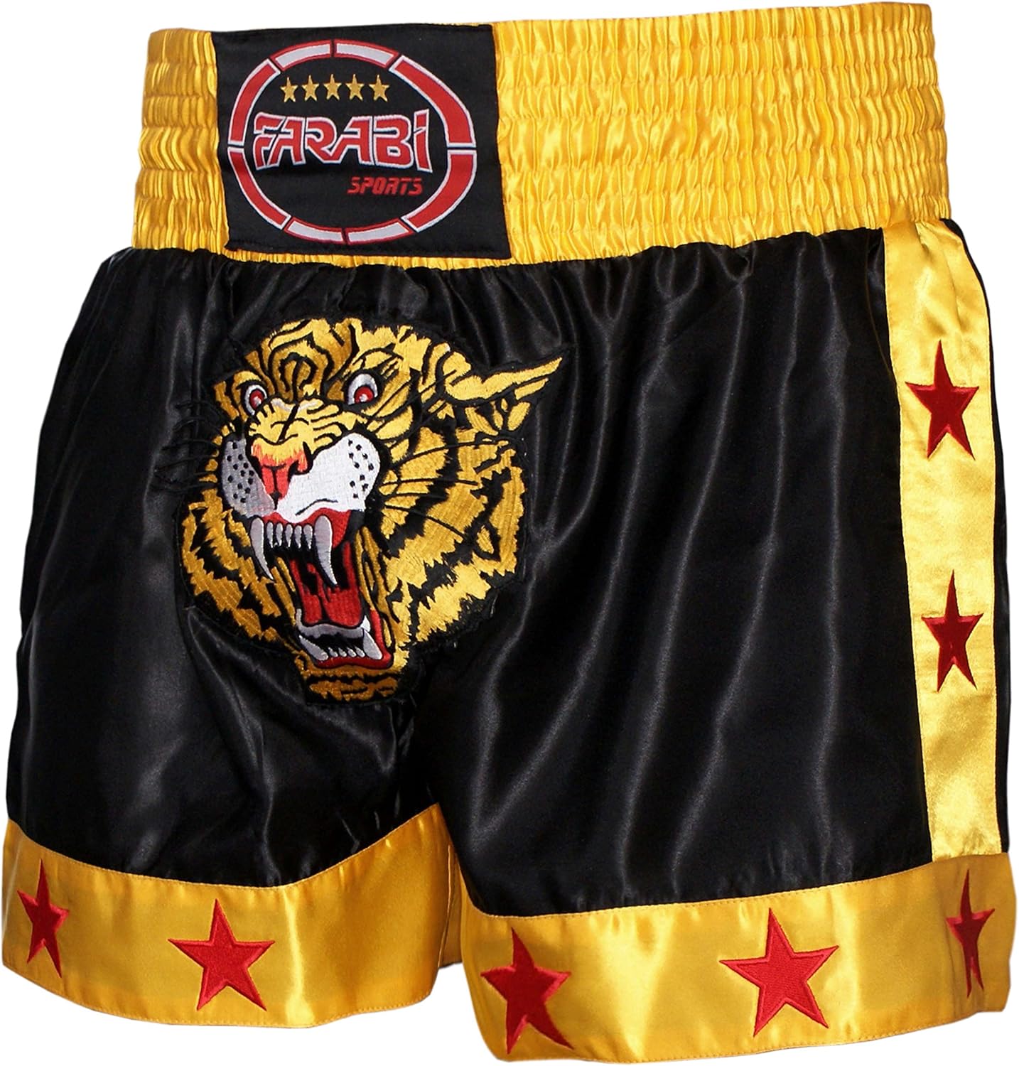 Muay Thai Shorts Kick Boxing Training Satin Black Gold Short Tiger Embroidery: Clothing