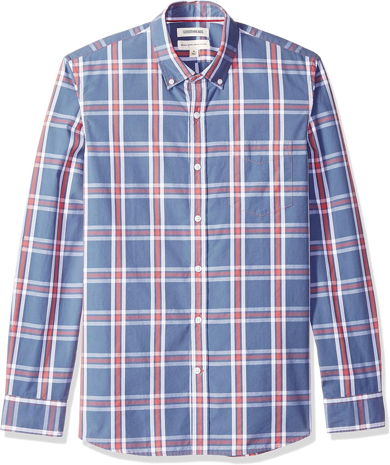  Brand - Goodthreads Men's Standard-Fit Long-Sleeve Plaid Poplin Shirt with Button-Down Collar: Clothing