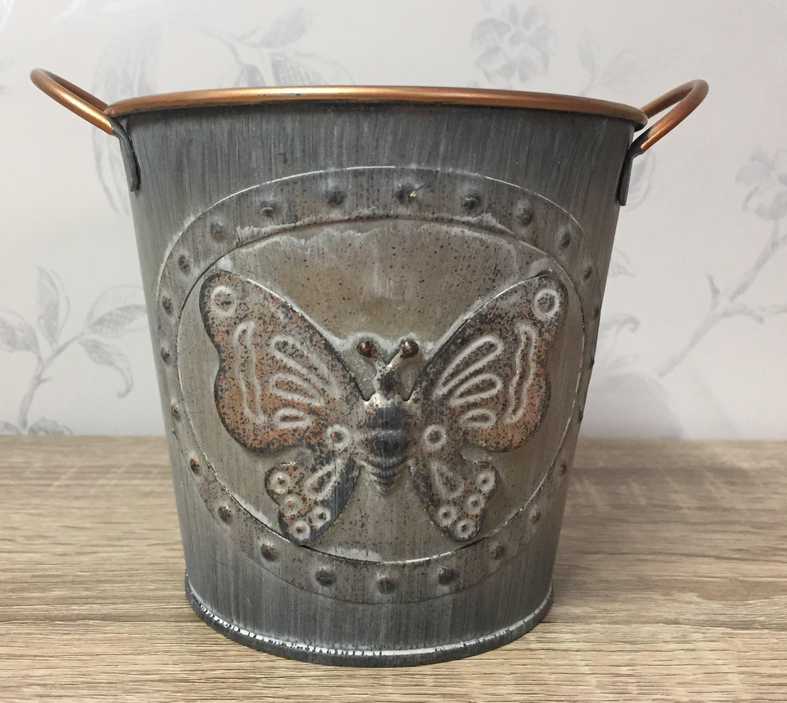 Mezzaluna Gifts Vintage Butterfly Tin Flower Pot Plant Planter (L 12.5 cm x W 12.5 cm, Grey)