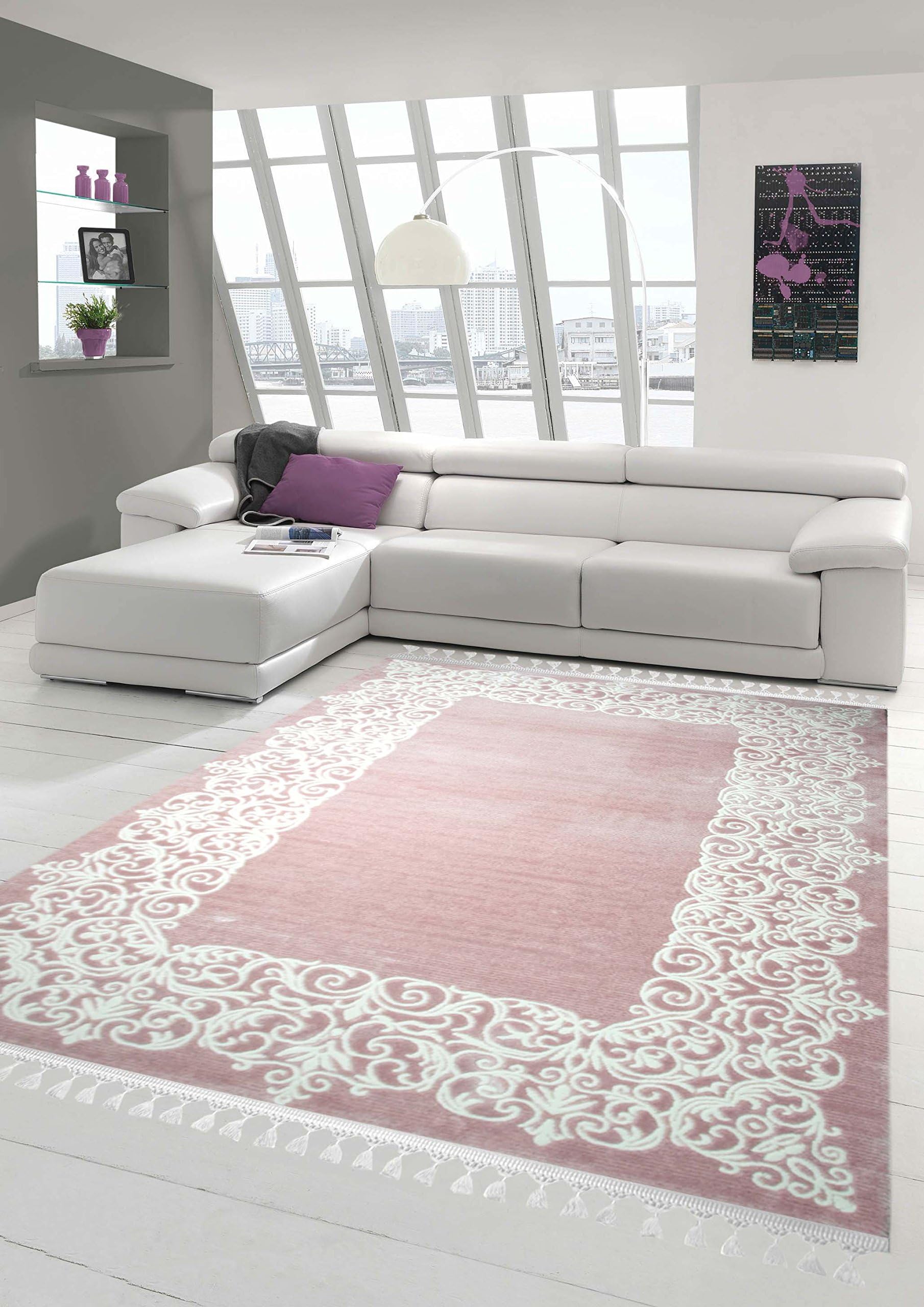 Designer rug Contemporary rug Wool rug border design with fringe living room carpet Pink Cream size 80x150 cm