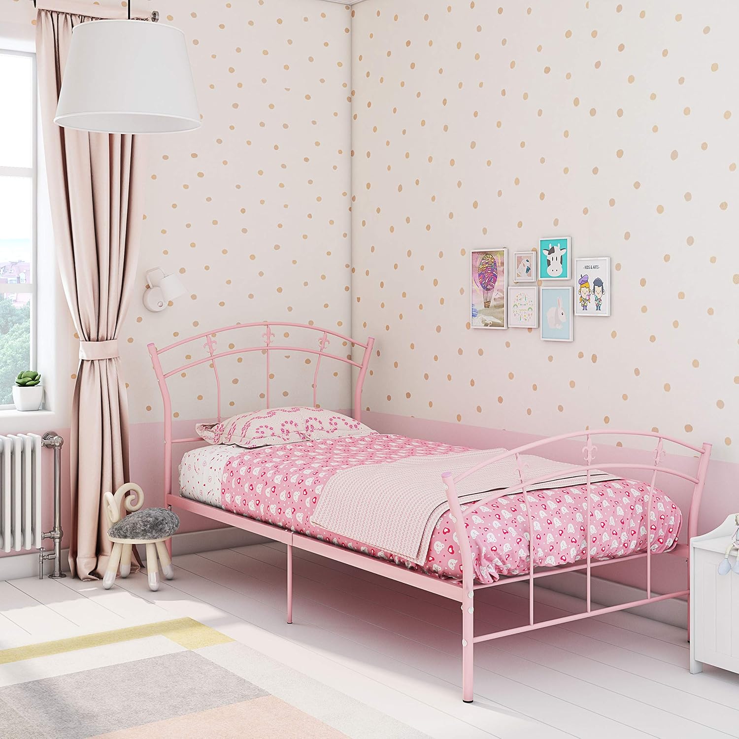 Panana Stylish Lovely Pink Metal Bed Frame 3FT Single Bed for Girl