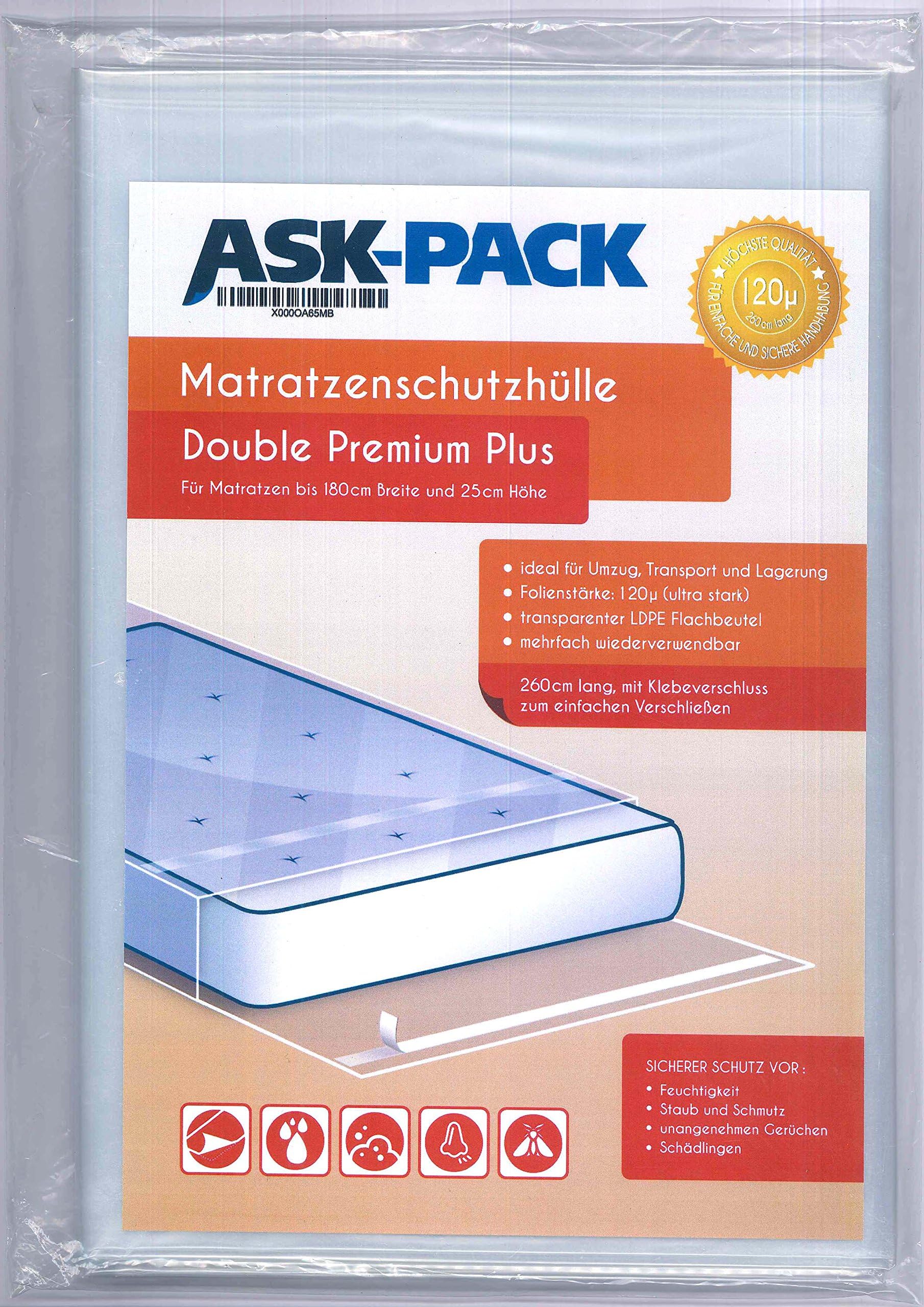ASK Pack Premium Mattress Bag Double for 6ft (180cm) wide - 9.8in (25cm) height mattress - with reusable adhesive seal - ULTRA HEAVY DUTY 4.7Mil