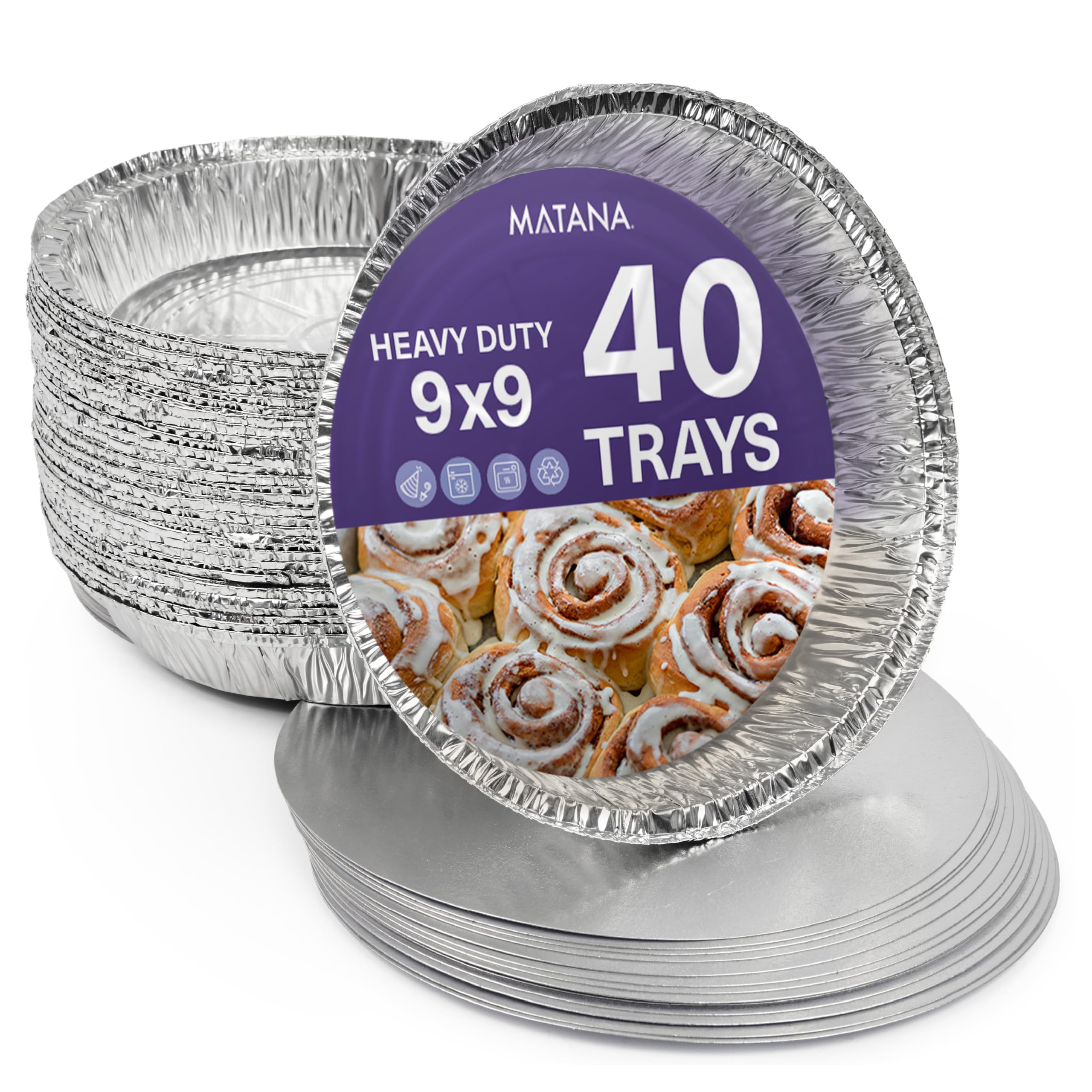 MATANA 40 Round Foil Trays with Lids (23cm/9", 1000ml) – Aluminium Foil Pie Dishes, Flan & Pastry Cases, Tarts, Quiches, Desserts, Cakes - Oven & Freezer Safe - Reusable & Disposable Baking Trays