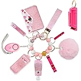 Auxu Keychain Set for Women and Girls Includes Beaded Wristlet, Pom Pom, Credit Card Puller and Personal Alarm