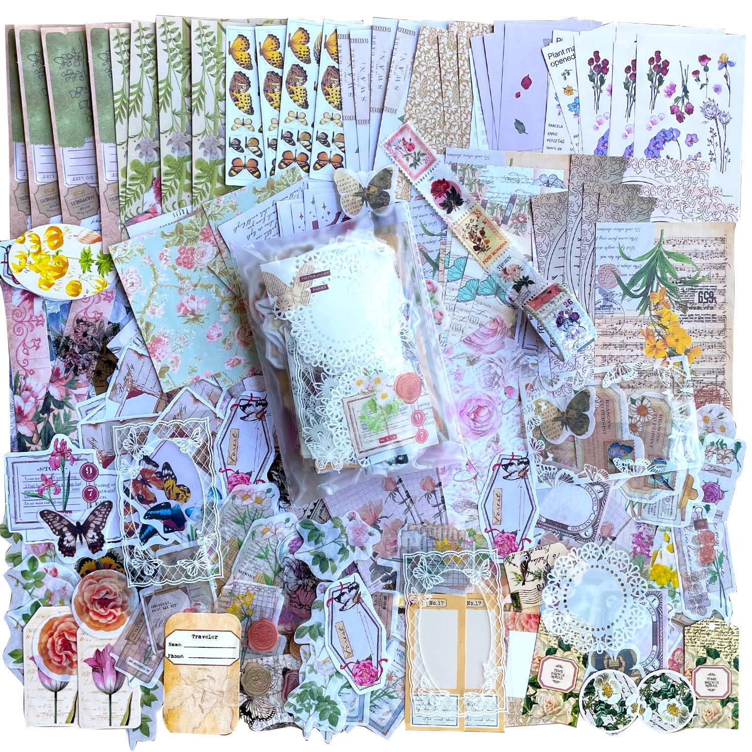 Photo 1 of BLEDS 400PCS Vintage Journaling Supplies Pack, Scrapbook Supplies Scrapbook Paper Kit Aesthetic Scrapbook Paper Set Postage Journaling Stamp Stickers for Junk Journals Planner Retro Craft