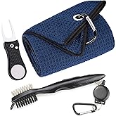 Mile High Life Microfiber Waffle Pattern Golf Towel | Club Groove Cleaner Brush | Foldable Divot Tool with Magnetic Ball Marker (Navy Towel/Brush/Bone Divot)