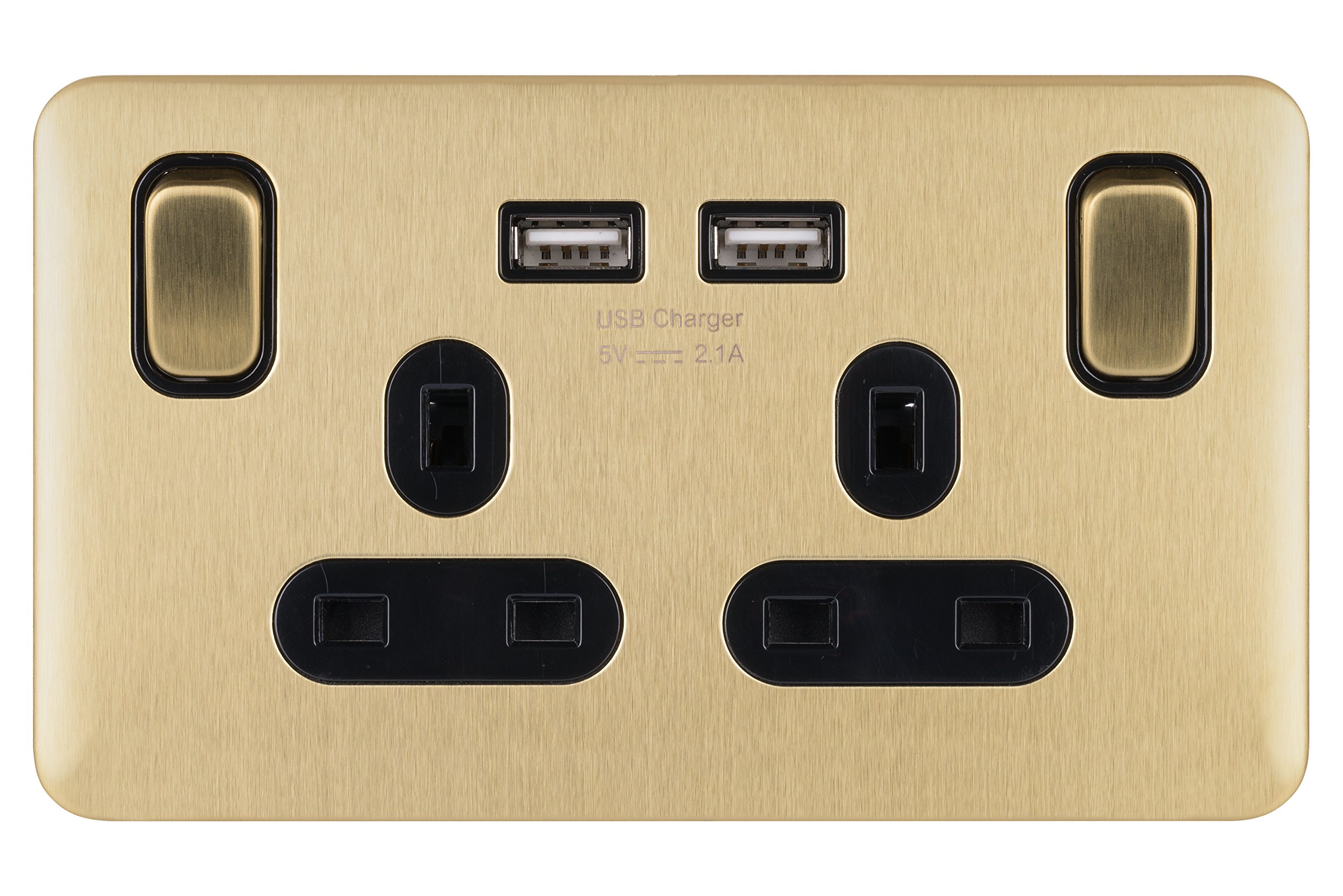 Schneider Electric Lisse Screwless Deco 2G 13A Sw SO SP w/ 2USB BSB, USB, Satin Brass, 2 Gangs