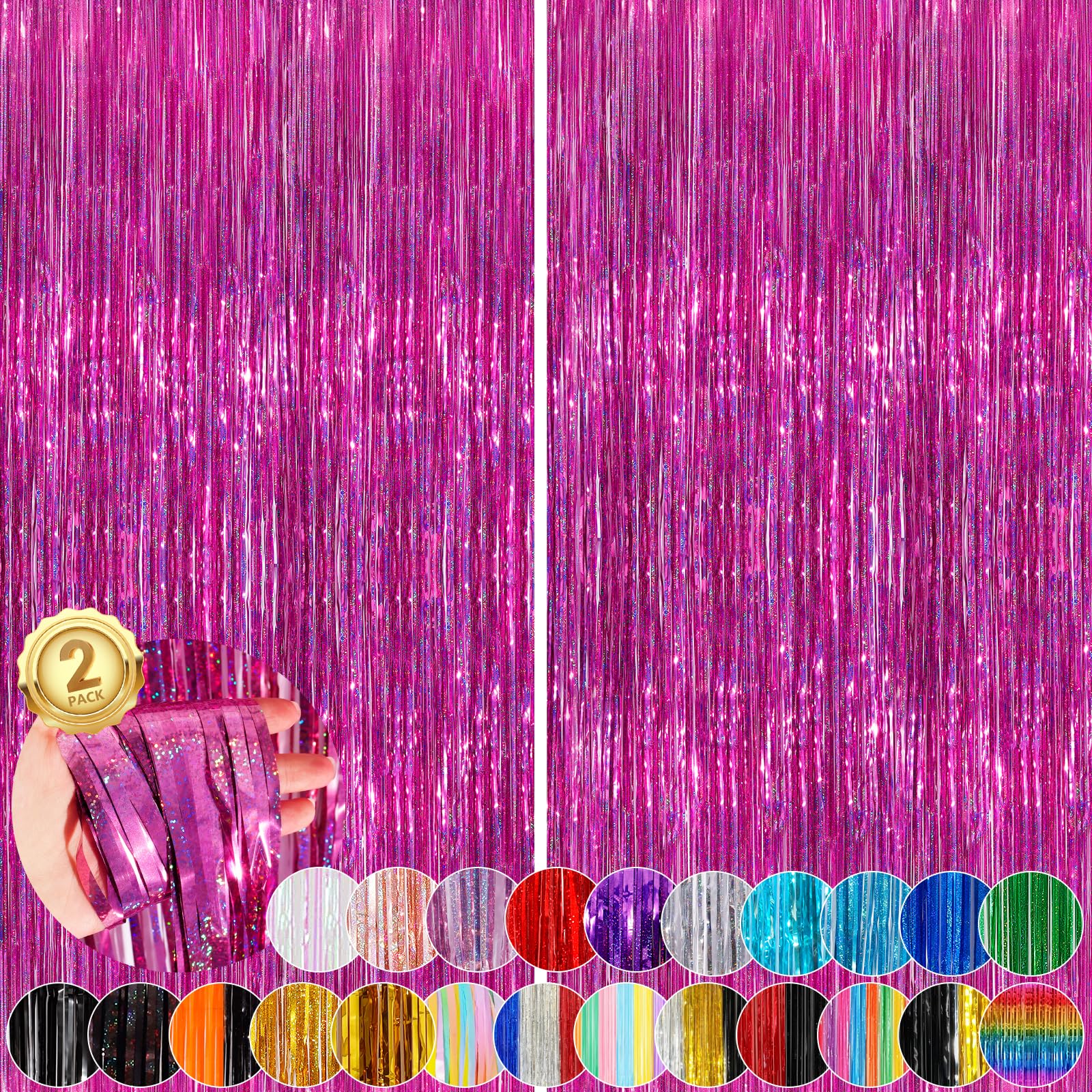 Photo 1 of Rose Pink Party Streamers 2 Pack Glitter Foil Fringe Curtain 3.3 x 8.3ft Pink Party Decor Photo Booth Streamers Metallic Tinsel Door Streamer for Christmas Baby Shower Halloween Decorations