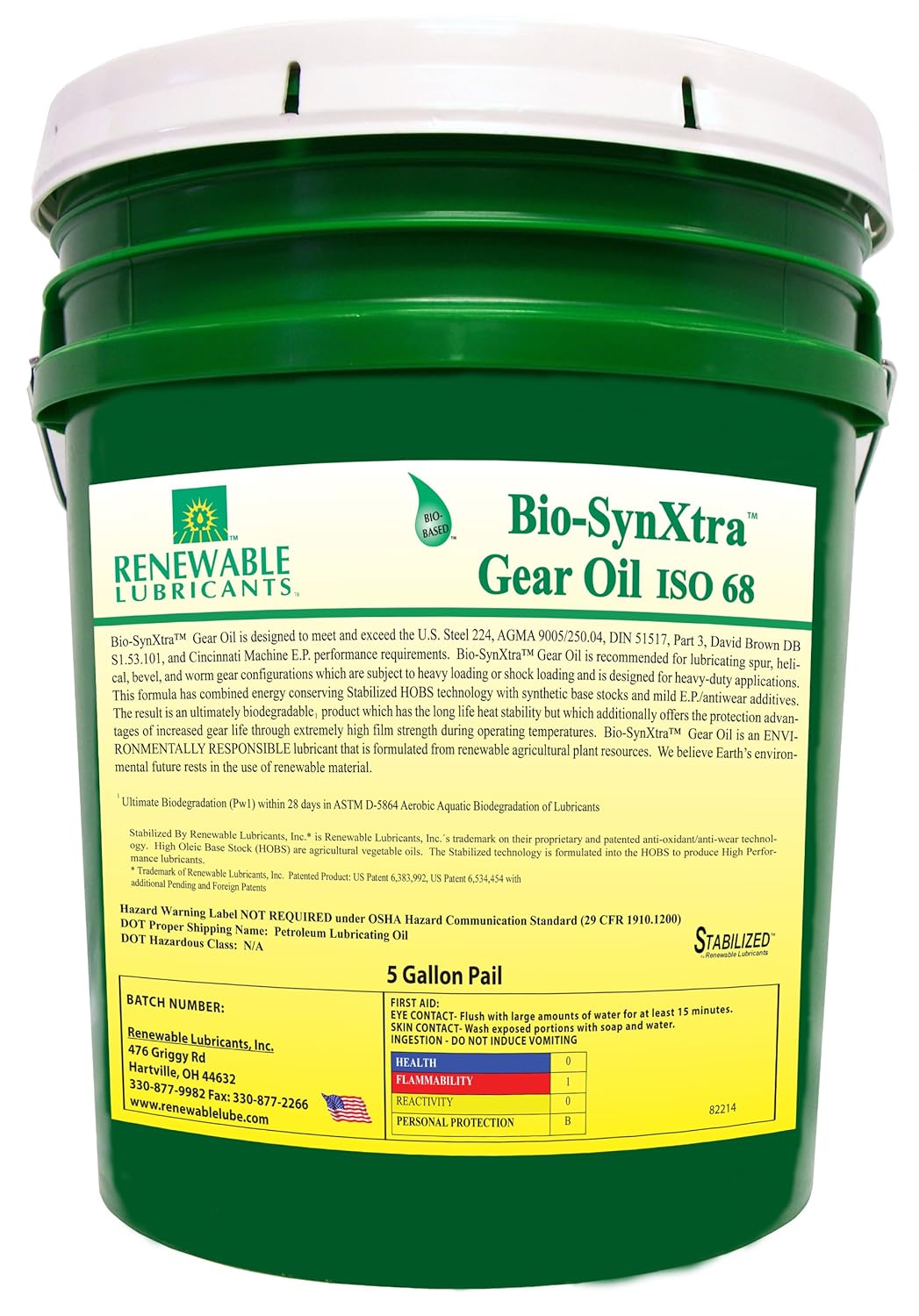 Renewable Lubricants BioSynXtra ISO 68 EP Gear Oil, 5