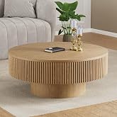 YOUDENOVA 31.5&rdquo; Round Fluted Coffee Table, Modern Wood Circle Coffee Table, Veneer Handcrafted Relief Tea Table with Sturdy Pedestal for Living Room - Natural
