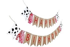 SILVIMA Farm Theme Birthday Banner, Burlap Barn Party Sign, Cow Print Fabric Happy Bday Banner Decorations