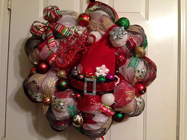 NEW HANDMADE CHRISTMAS SANTA DECO MESH WREATH WITH SANTA HAT AND LEGS AND IT LIGHTS UP!!