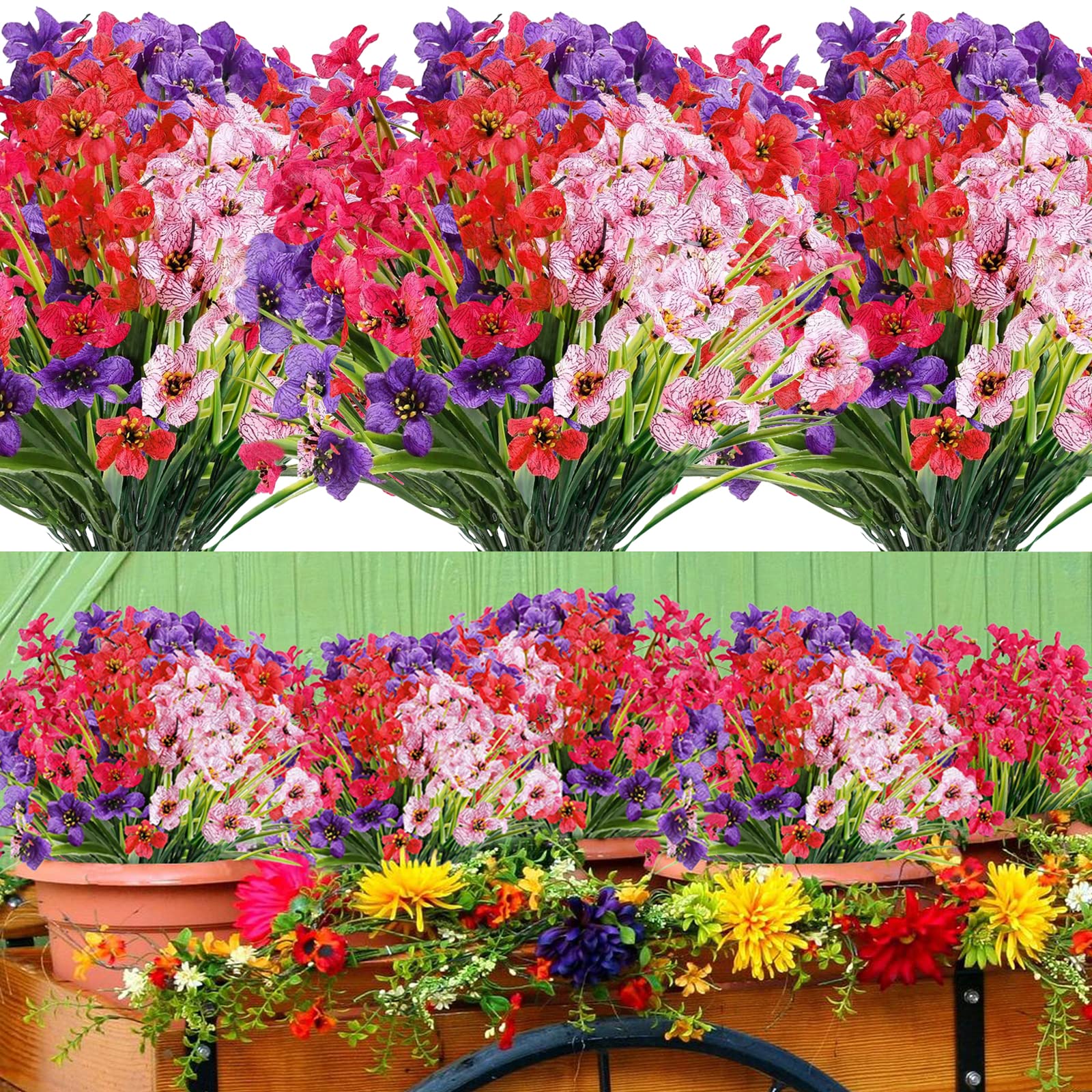 12 Bundles Artificial Flowers Outdoor 4 Colors UV Resistant Fake Flowers No Fade Faux Plastic Plant Silk Flowers for Indoor Outside Graves Hanging Planter Home Garden Porch Patio Window Box Wedding