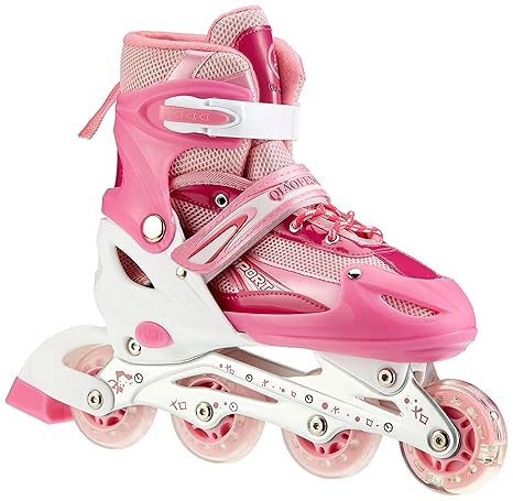 Qiaofeng Kinderinliner Inlineskates - Größenverstellbar über Vier Größen - Leuchtende Frontrollen - 3 Farben zur Auswahl