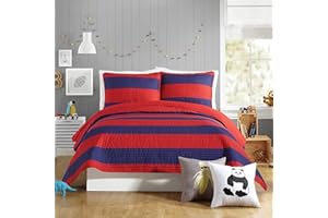 URBAN PLAYGROUND All Seasons Lavelle Red/Blue Stripe Quilt Set - 3 Piece Soft Brushed Microfiber Kids Bedding Set for Boys/Girls – Machine Washable (Full/Queen)