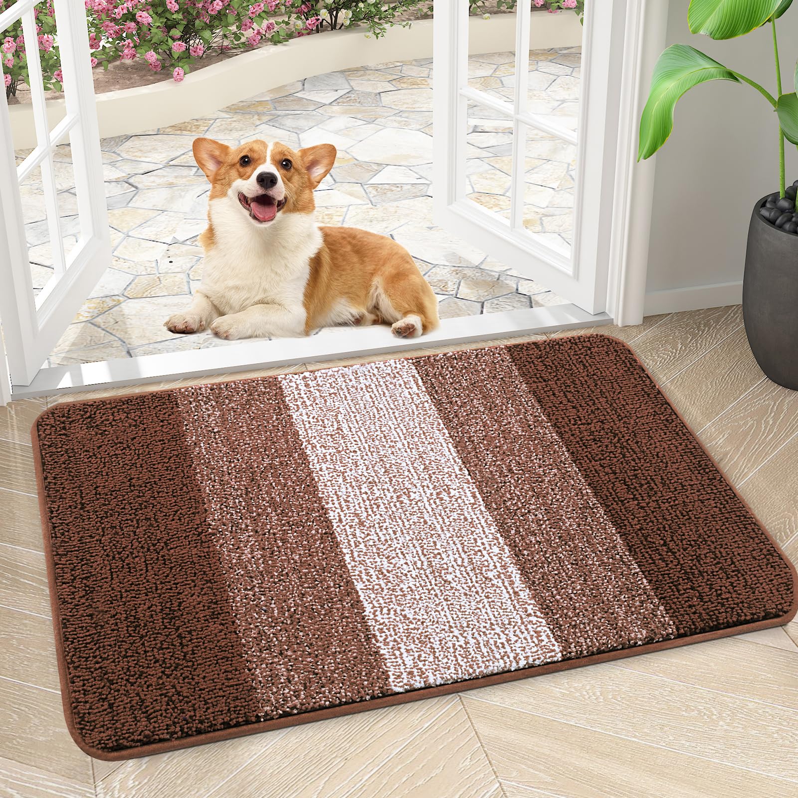 Photo 1 of Kitinjoy Indoor Outdoor Door Mat, 24x16 Non-Slip Absorbent Dirt Trapper, Low-Profile Washable Inside Entrance Front Floor Mat, Sturdy Soft Entry Doormats for Entryway, Brown