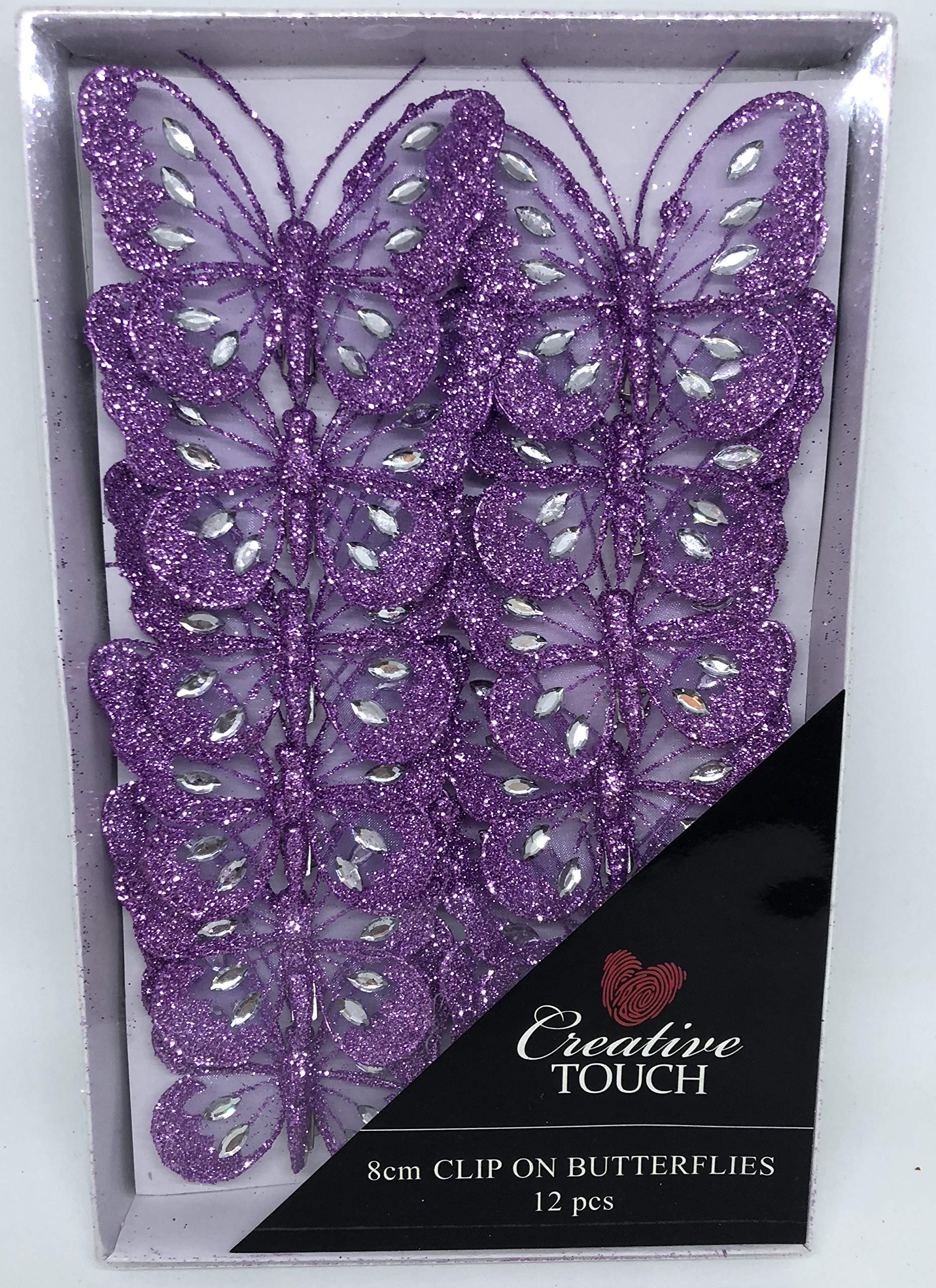 Set of 6 Lilac 8cm Diamante Glitter Mesh Jewelled Butterfly 3D Decorative Butterflies Wedding Home Party Event Craft Embellishment Festive Stylish Xmas Tree Christmas Decoration Curtain Clip On