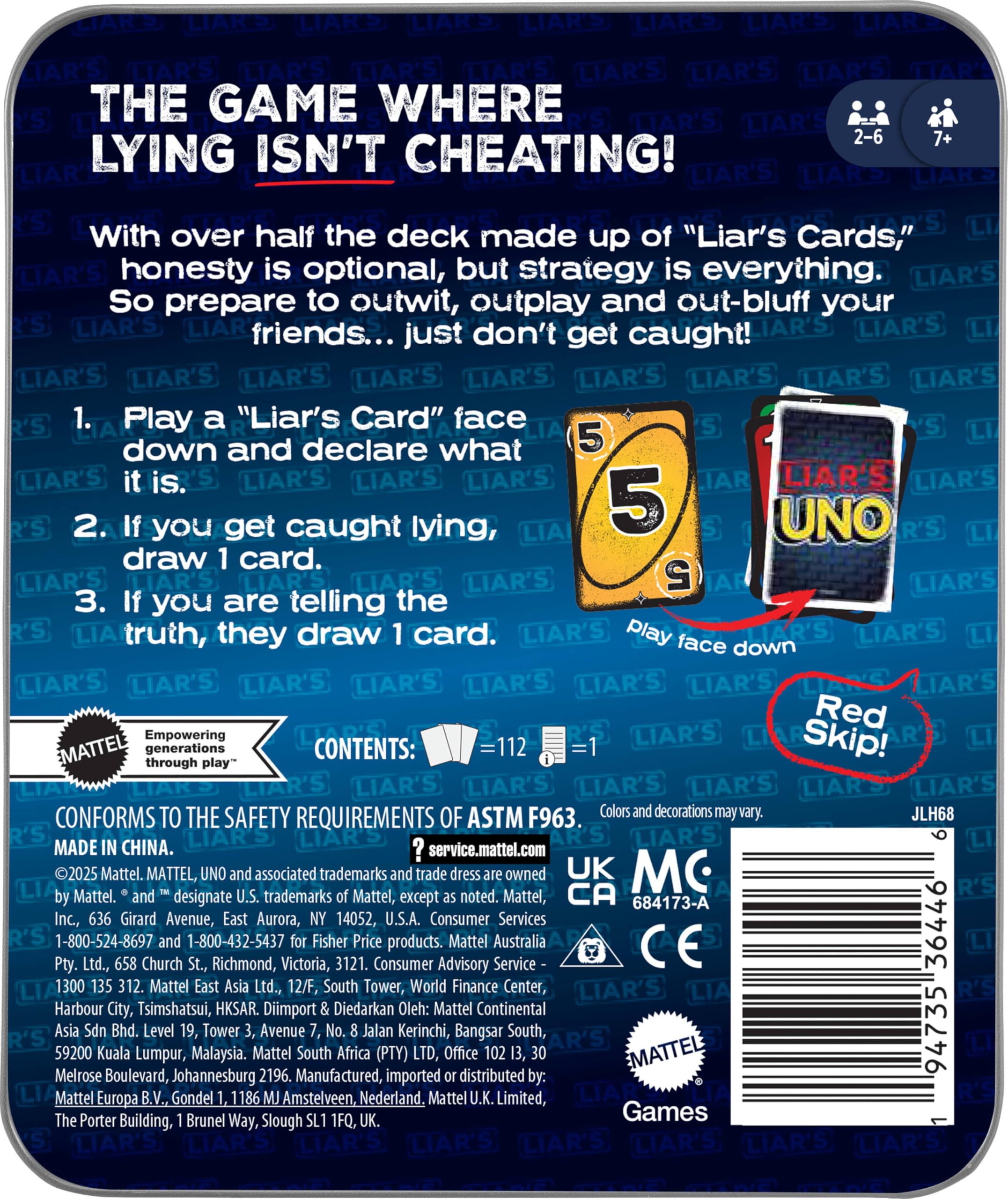 Mattel Games Liar’s UNO Card Game in Travel & Storage Tin for Adults, Kids, Families, Parties & Game Nights, Outwit Other Players with Bluffing & Trickery (Amazon Exclusive)