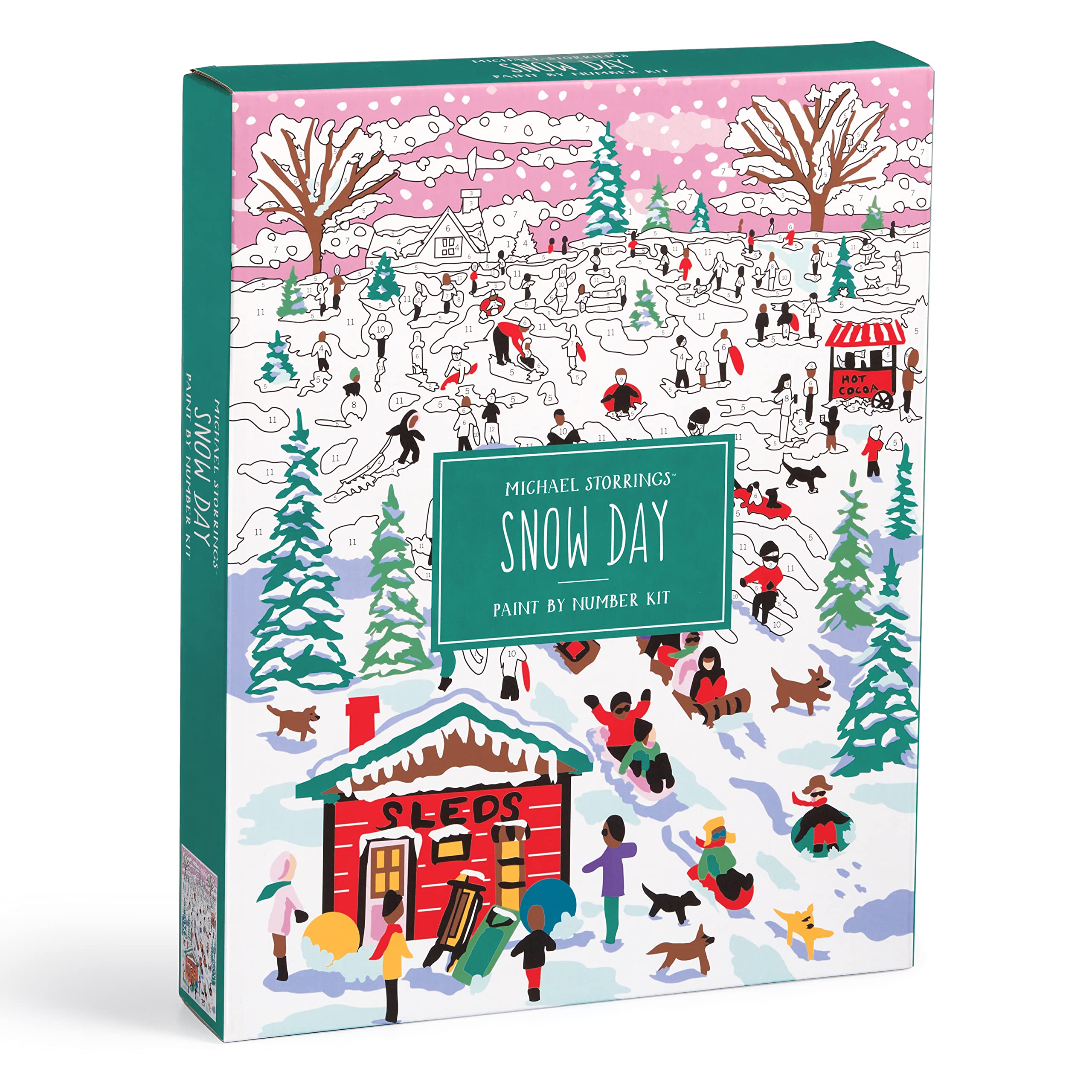 Galison Michael Storrings Snow Day – DIY Paint by Number Kit with Stunning Snow Day Sledding Art for Beginners and Experts Includes Easel Paint and Brushes,White
