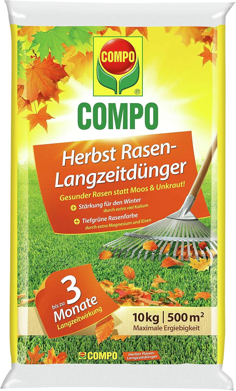 Compo Herbst-Rasen Langzeit-Dünger, 3 Monate Langzeitwirkung, Granulatform, 10 kg, 500 m²