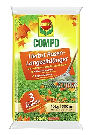 COMPO Herbst-Rasen Langzeit-Dünger, 3 Monate Langzeitwirkung, Feingranulat, 10 kg, 500 m²