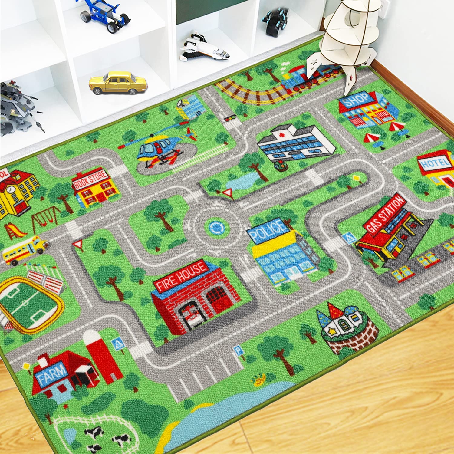 Capslpad Kids Play Rug Town City Road Car Mat 160x100cm (5'2" x 3'3") Kids Carpet Playmat Exercise Mat Learning Educational Area Rug for Children Boy Girl Toddler Bedroom Playroom