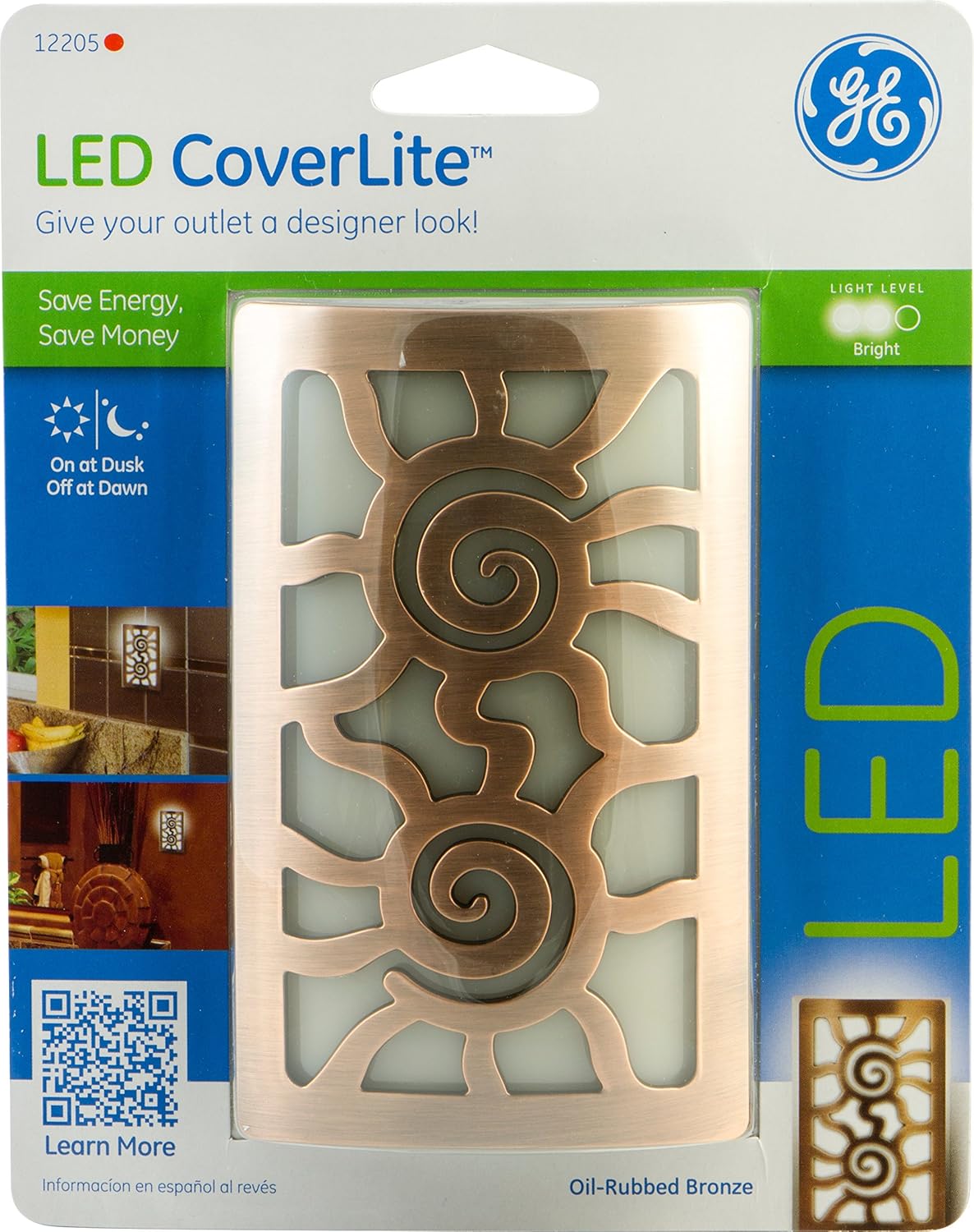 GE 12205 Night Light with LED Light Sensing Coverlite, Aztec Sun Faux