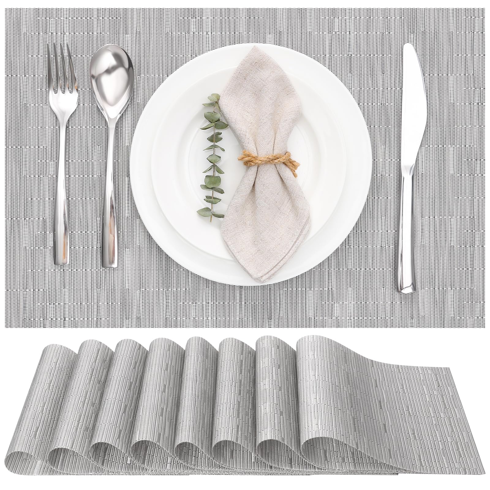 Myir JUN Table Mats Set of 8, Place Mats Table Placemats Washable Non-slip Heat Insulation Woven Vinyl for Kitchen Dinning Restaurant 17"X12" (Silver Gray) — image 1
