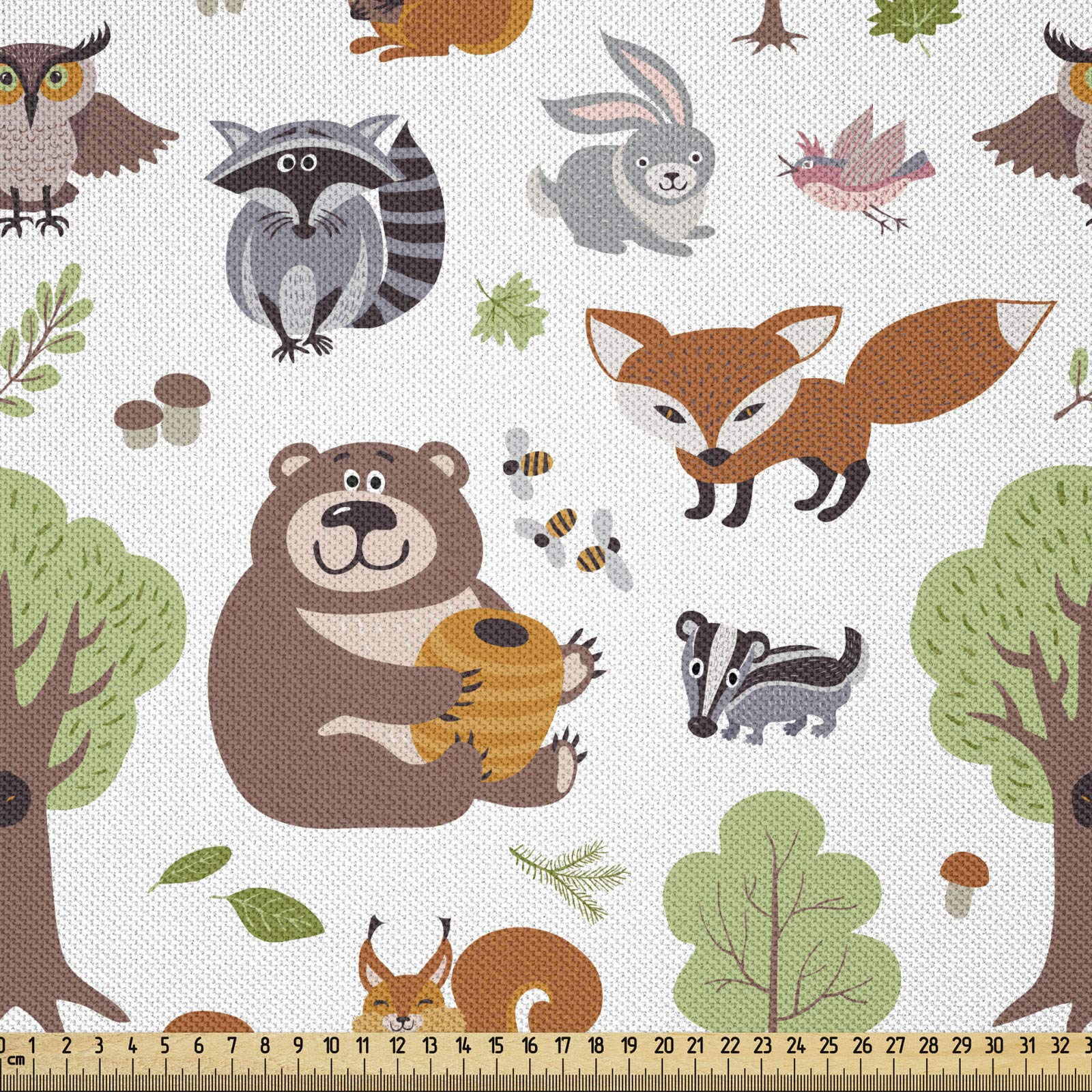 ABAKUHAUS Forest Fabric by the Yard, Doodle Woodland Creatures as Honey Bear Rabbit Fox and Raccoon in Nature Habitat, Microfiber Fabric for Arts Crafts Textiles Decor 3M (148x300cm), Multicolor