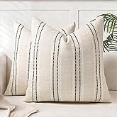 AELS 20x20 Decorative Farmhouse Linen Blend Throw Pillow Covers, Boho Textured Pillow Case, Set of 2, Beige with White & Black Stitch Yarn Dyed Stripe Cushion Cover for Sofa Living Room (Cover ONLY)