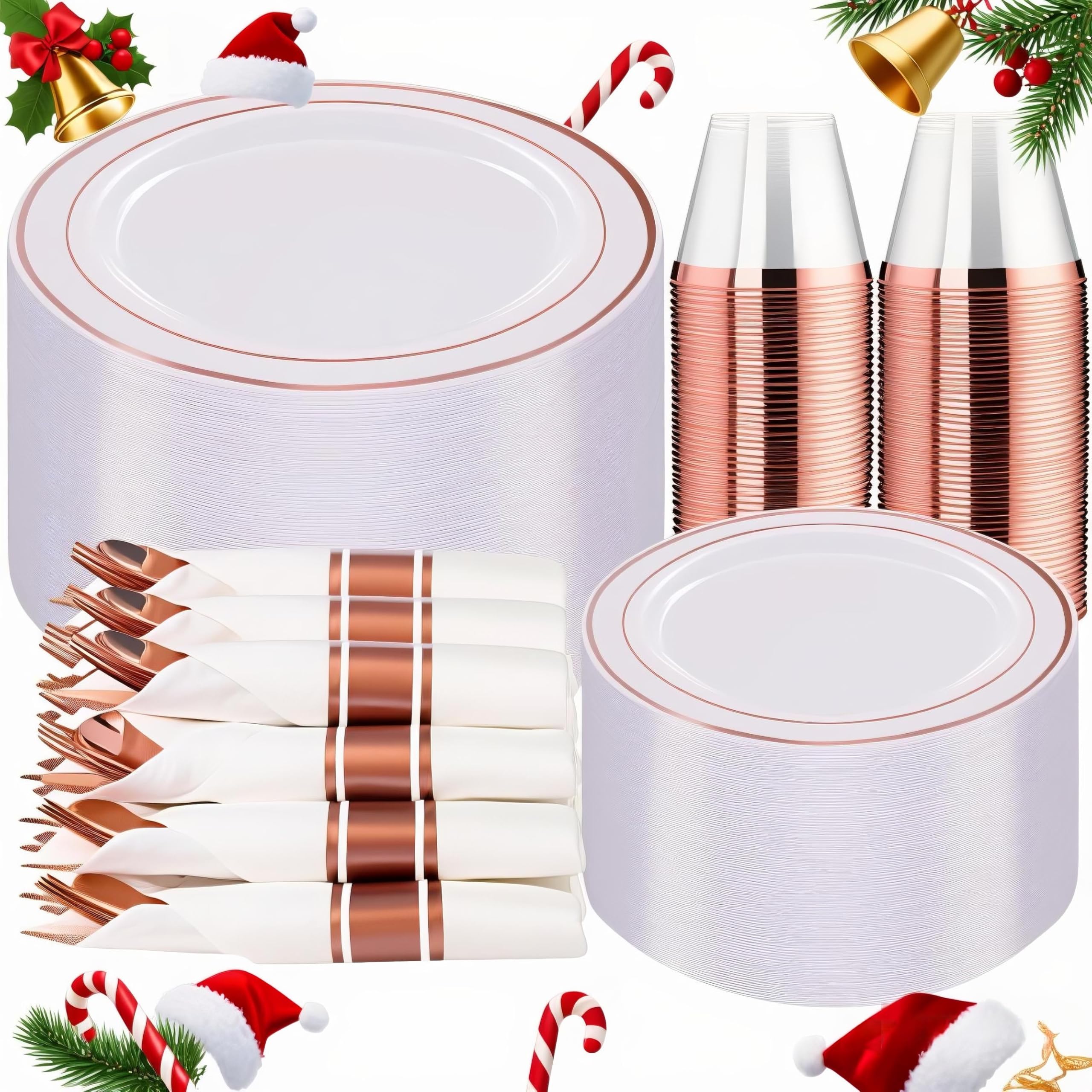 Photo 1 of (see all images) WELLIFE 350Pcs Rose Gold Plastic Plates for 50 Guests - Plastic Dinnerware Set,Party Supplies