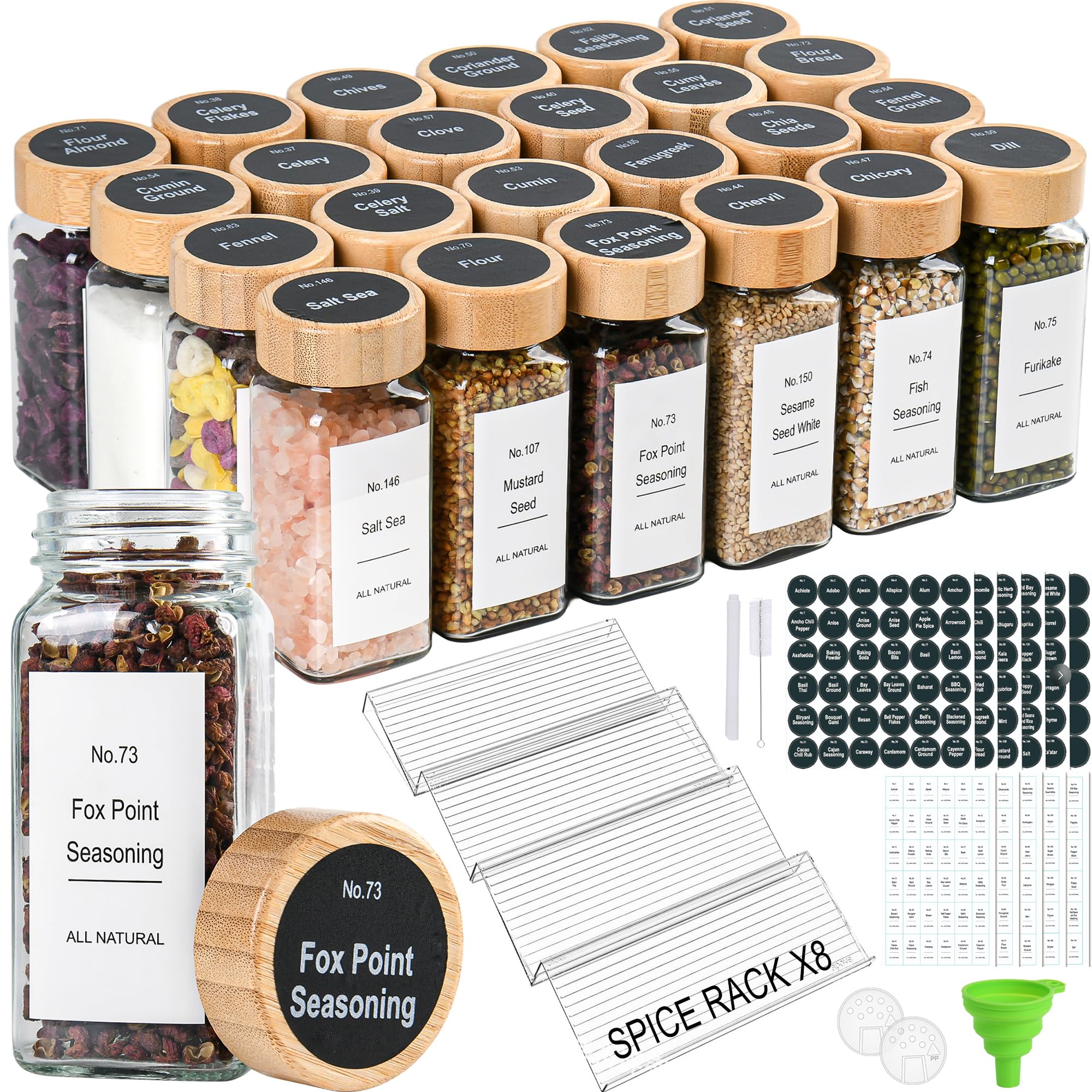 Photo 1 of 24 Pcs Glass Spice Jars Bamboo Lids with Spice Drawer Organizer Set, 4 Tier-8 Pack Acrylic Expandable Spice Rack , 396 Spice Labels, Seasoning Containers Organization for Kitchen Cabinet Countertop