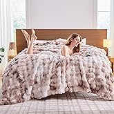 Lotus Karen Faux Fur Queen Comforter Set – Big Bubble Faux Rabbit Fur Fluffy Beige Comforter Queen Size, Winter Warm Cozy Fuzzy Bed Set 3 Pieces, 1 Comforter and 2 Pillowcases