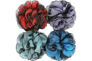 DadyMart Bath Shower Loofah Sponge 75g Bath Mesh Pouf Shower Ball Body Scrubber Exfoliating Bath Sponge for Women and Men, Set of 4, Flower Black