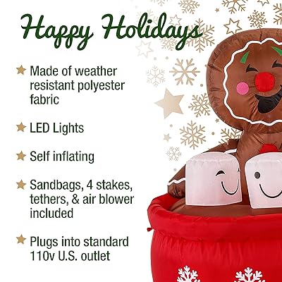 pix Hot Cocoa Mug Inflatable christmas masters 4 foot inflatable hot cocoa mug cup with smiling gingerbread man cookie and marshmallows led lights indoor outdoor yard lawn