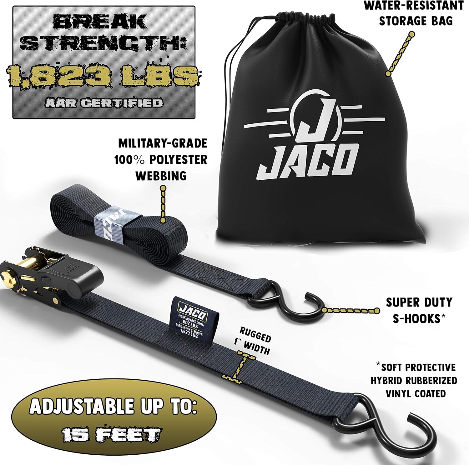 JACO Ratchet Tie Down Straps (4 Pack) - 1 in x 15 ft | AAR Certified Break Strength (1,823 lbs) | Cargo Tie Down Set with (4) Utility Ratchet Straps, (4) Bundling Straps, and Accessories (Black): Automotive