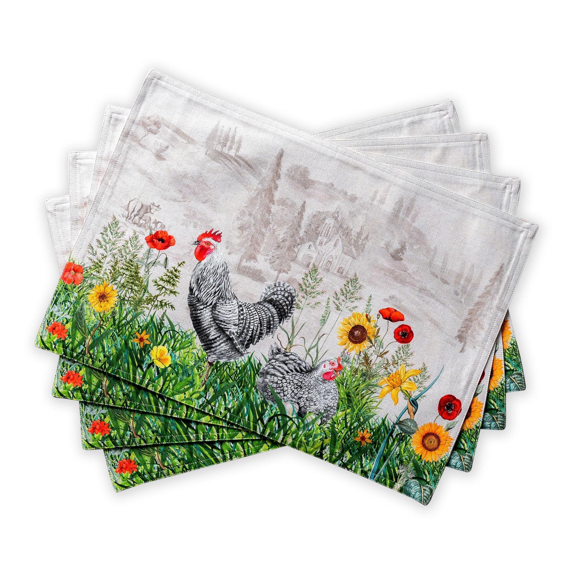 Maison d' Hermine Placemats Set of 4 100% Cotton Washable Cloth Place Mats Reusable Table Mats for Kitchen Dining Party Wedding Easter Decorations Spring/Summer (Basse Cour, 13" x 19") Image